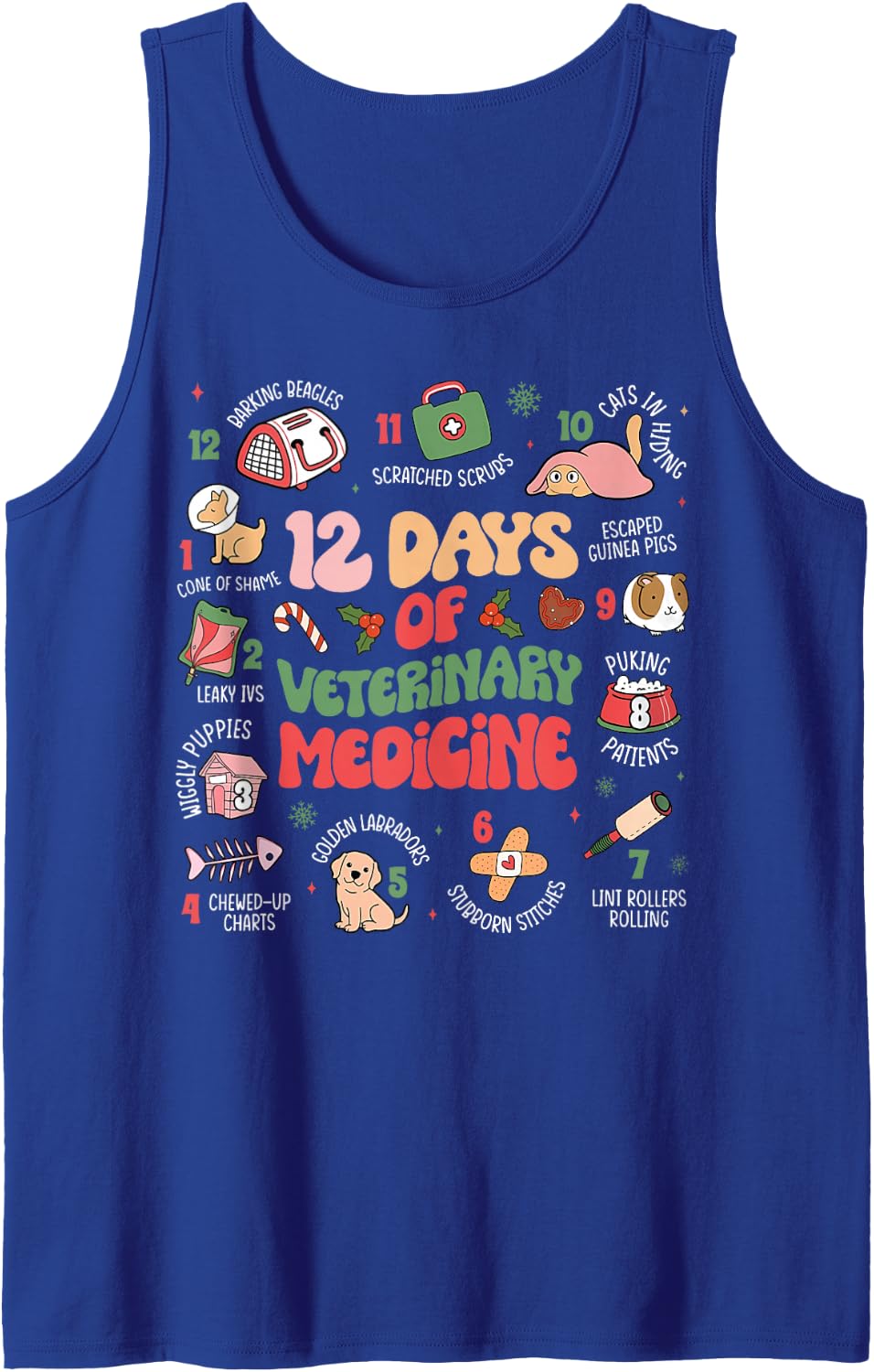 Funny Christmas Vet Tech 12 Days of Veterinary Medicine Sleeveless Tank Top - Royal Blue