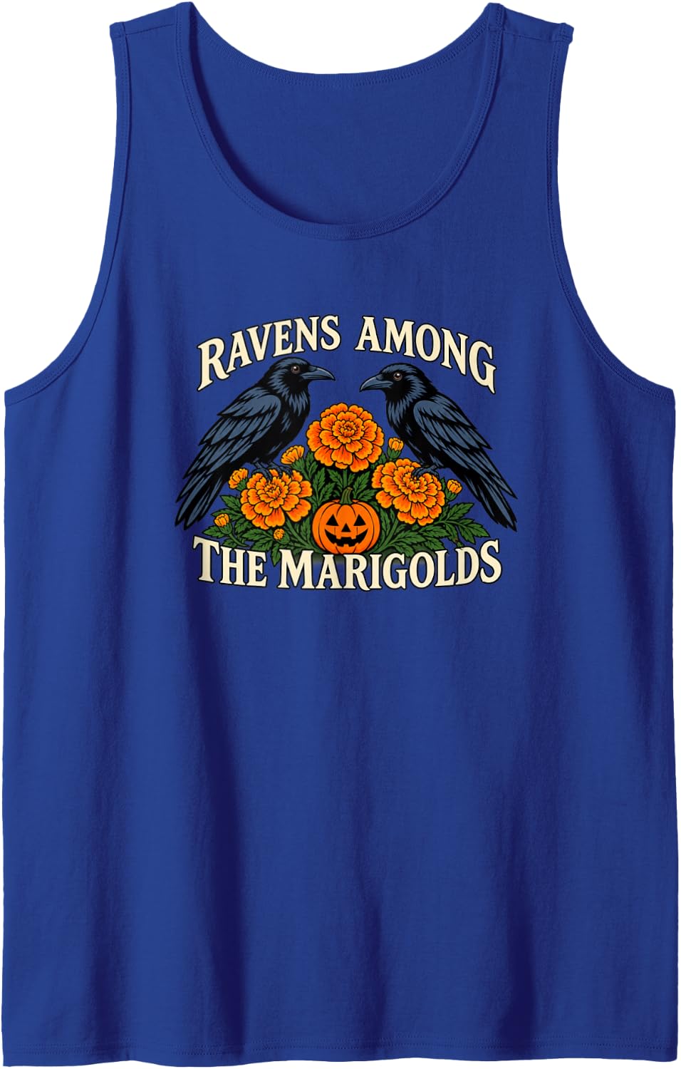Halloween Ravens Marigolds Gothic Bird Flower Art Sleeveless Tank Top - Royal Blue