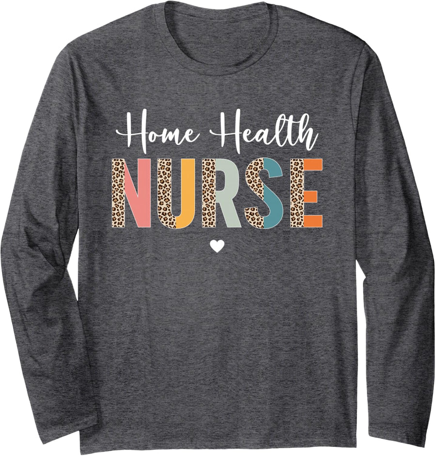 Retro Leopard Home Health Nurse Nursing for Women Men Long Sleeve T-Shirt - Adult Unisex Dark Heather Grey