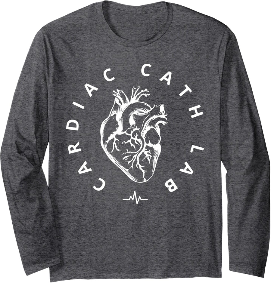 Vintage Cardiac Cath Lab Heart Cardiology Cardiac Nurse Long Sleeve T-Shirt - Adult Unisex Dark Heather Grey
