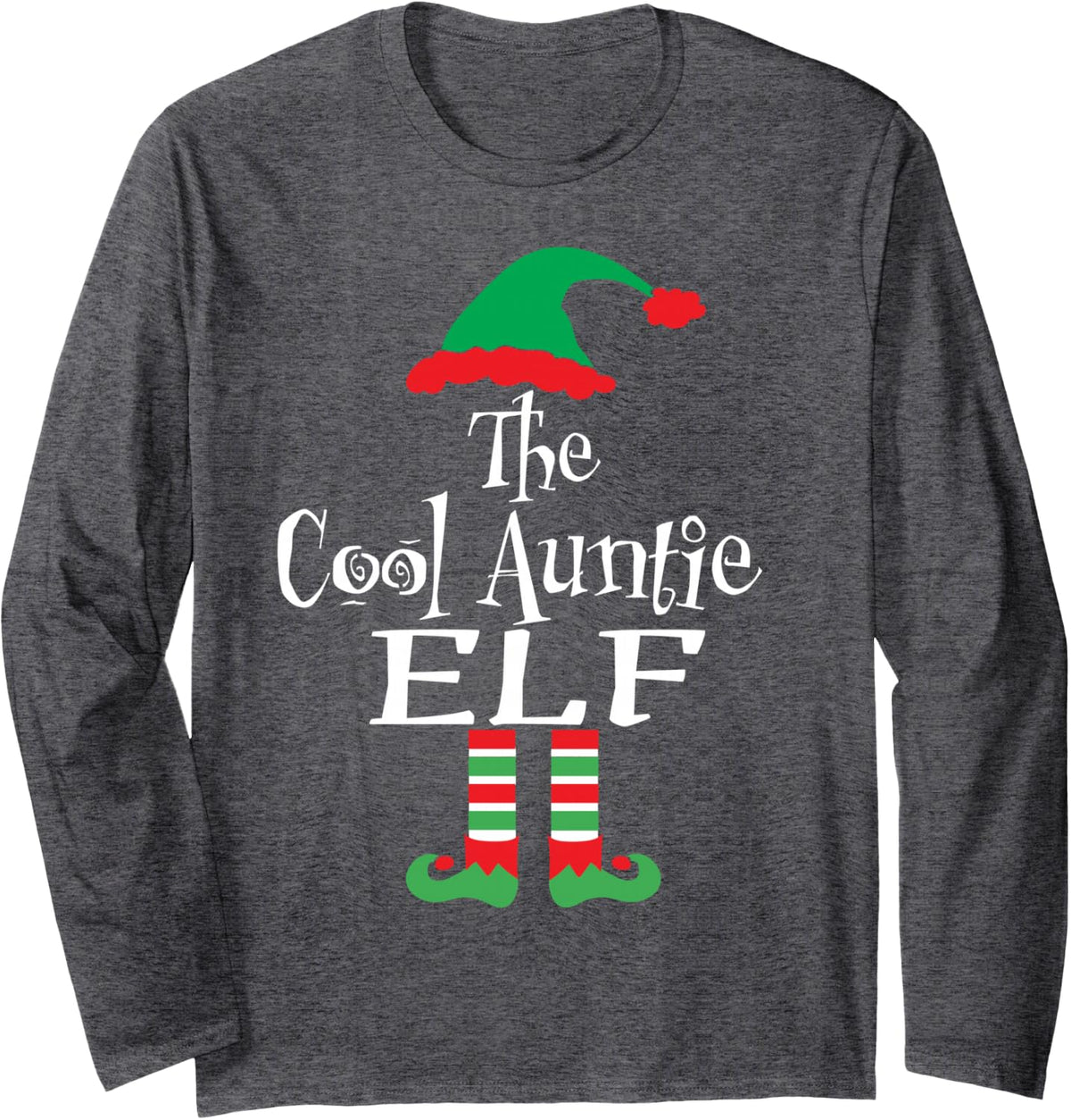 Funny Christmas The Cool Auntie Elf Family Matching Group Long Sleeve T-Shirt - Adult Unisex Dark Heather Grey