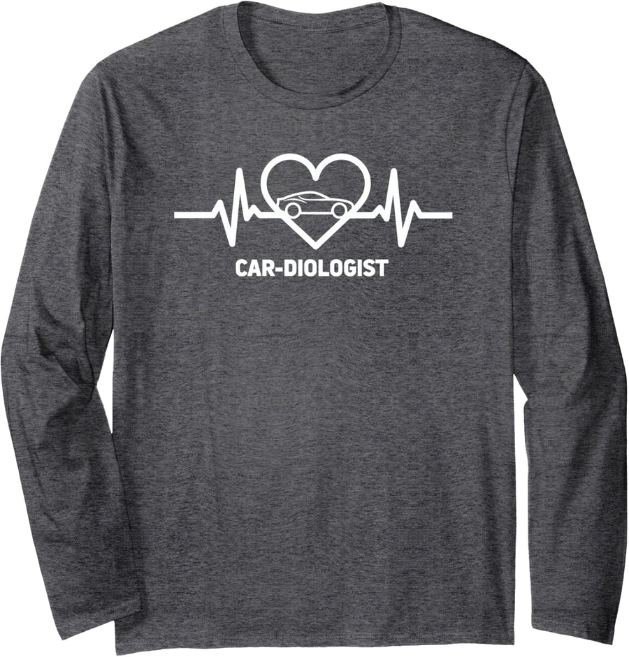 Car Lover Car-Diologist Heartbeat Funny Auto Mechanic Humor Long Sleeve T-Shirt - Adult Unisex Dark Heather Grey