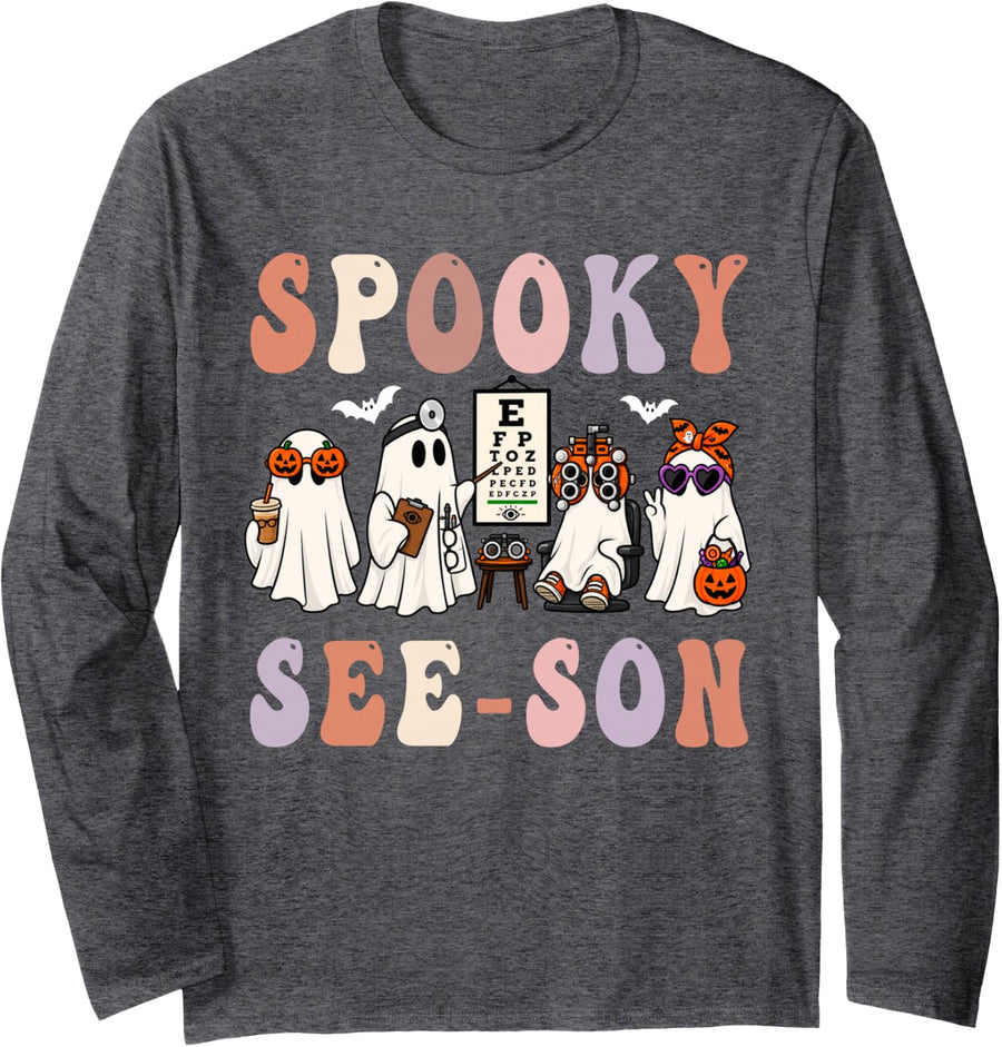 Funny Spooky See Son Optometrist Halloween Eye Doctor Pun Long Sleeve T-Shirt - Adult Unisex Dark Heather Grey