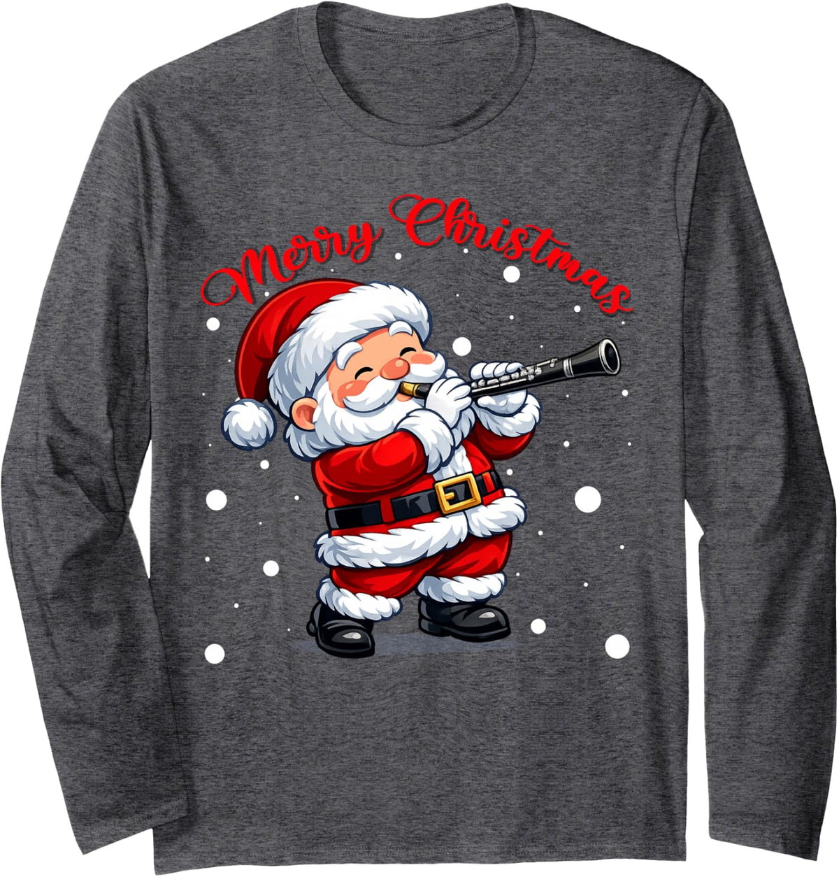 Merry Christmas Santa Playing Clarinet Xmas Sweaters Long Sleeve T-Shirt - Adult Unisex Dark Heather Grey