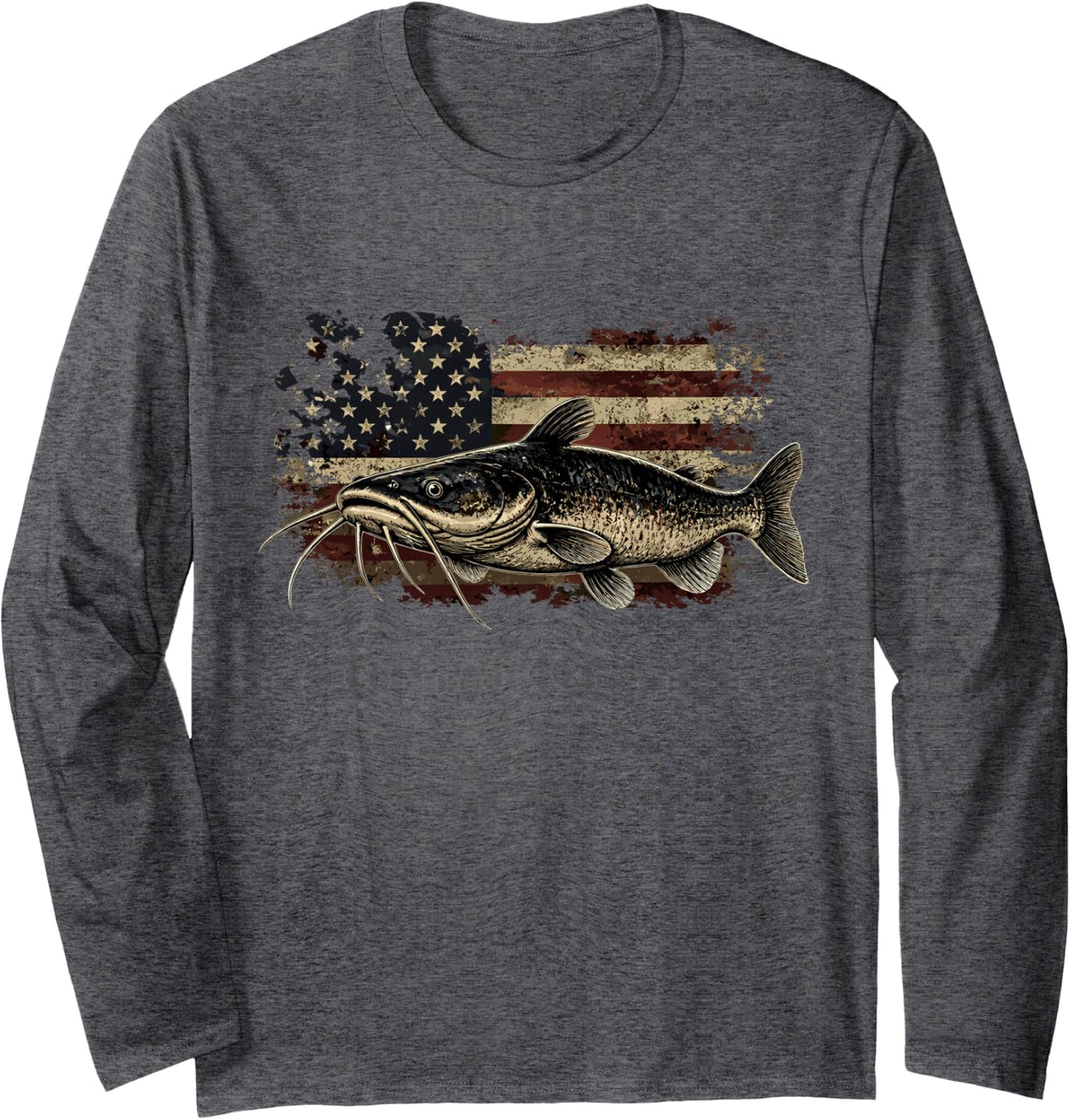 USA Catfishing American Flag Catfish Patriotic Fisherman Long Sleeve T-Shirt - Adult Unisex Dark Heather Grey
