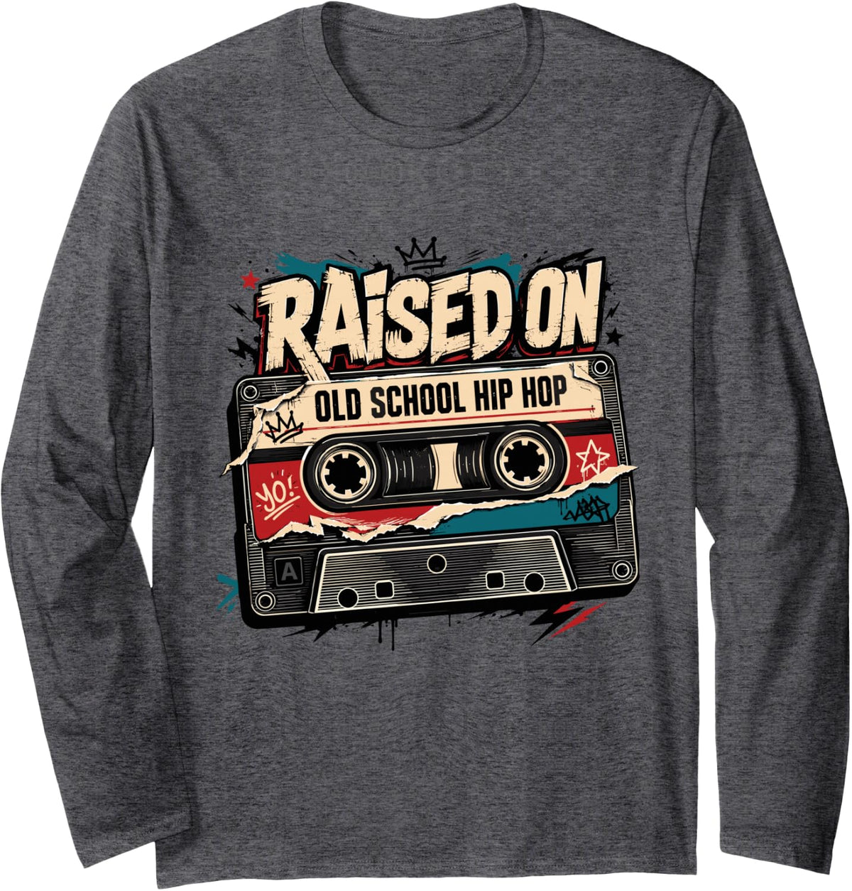 Raised on 90s Hip Hop Cassette Mixtape Millennial Music Long Sleeve T-Shirt - Adult Unisex Dark Heather Grey