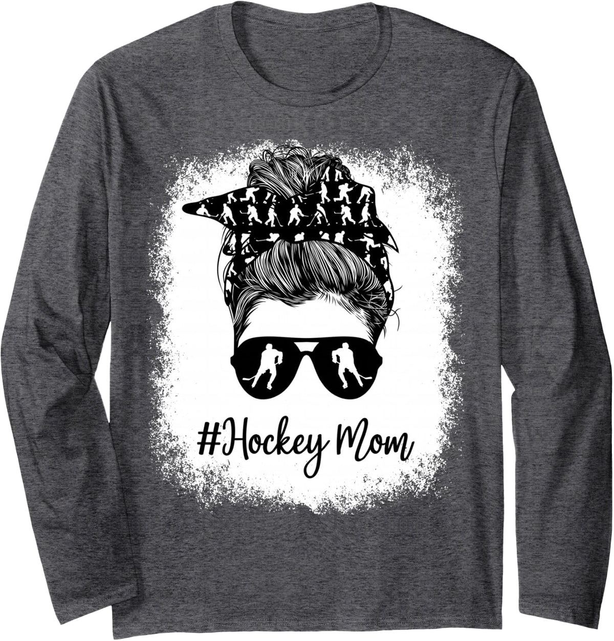 Bleached Life Hockey Mom Leopard Messy bun Glasses Long Sleeve T-Shirt - Adult Unisex Dark Heather Grey