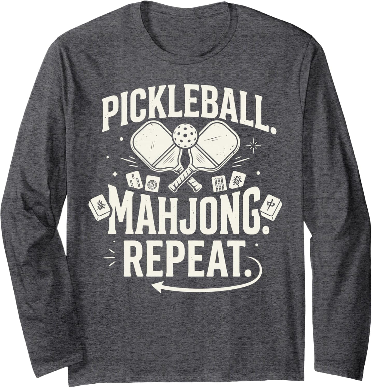 Pickleball Mahjong Repeat Long Sleeve T-Shirt - Adult Unisex Dark Heather Grey