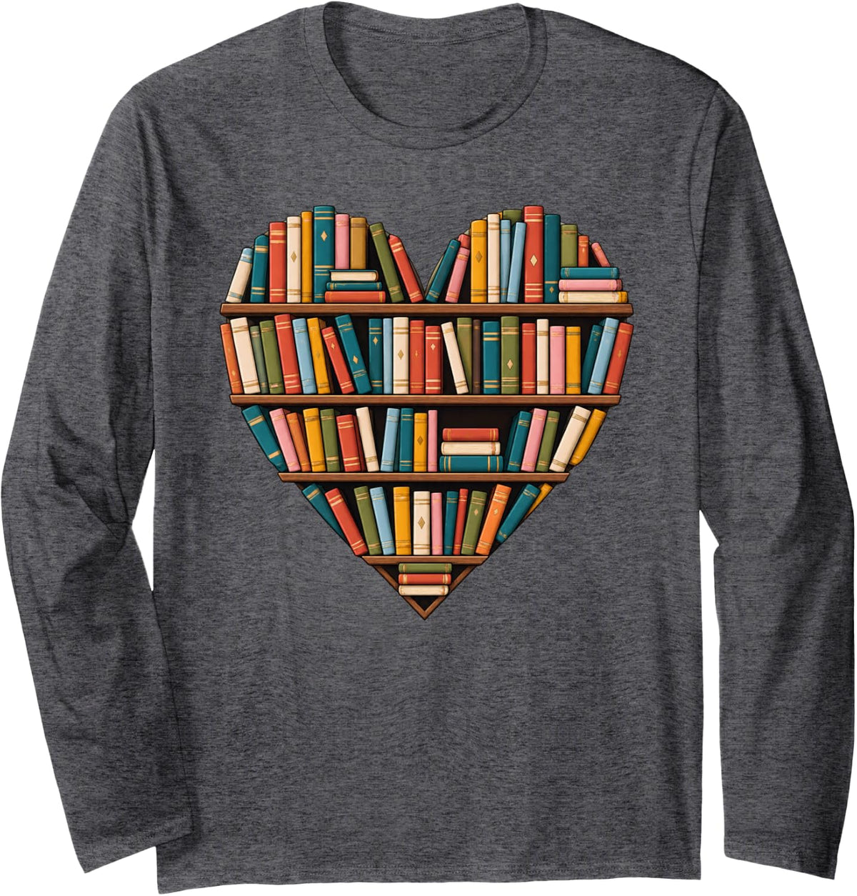 Heart Bookshelf Reading Book Lover Library Bibliophile Art Long Sleeve T-Shirt - Adult Unisex Dark Heather Grey