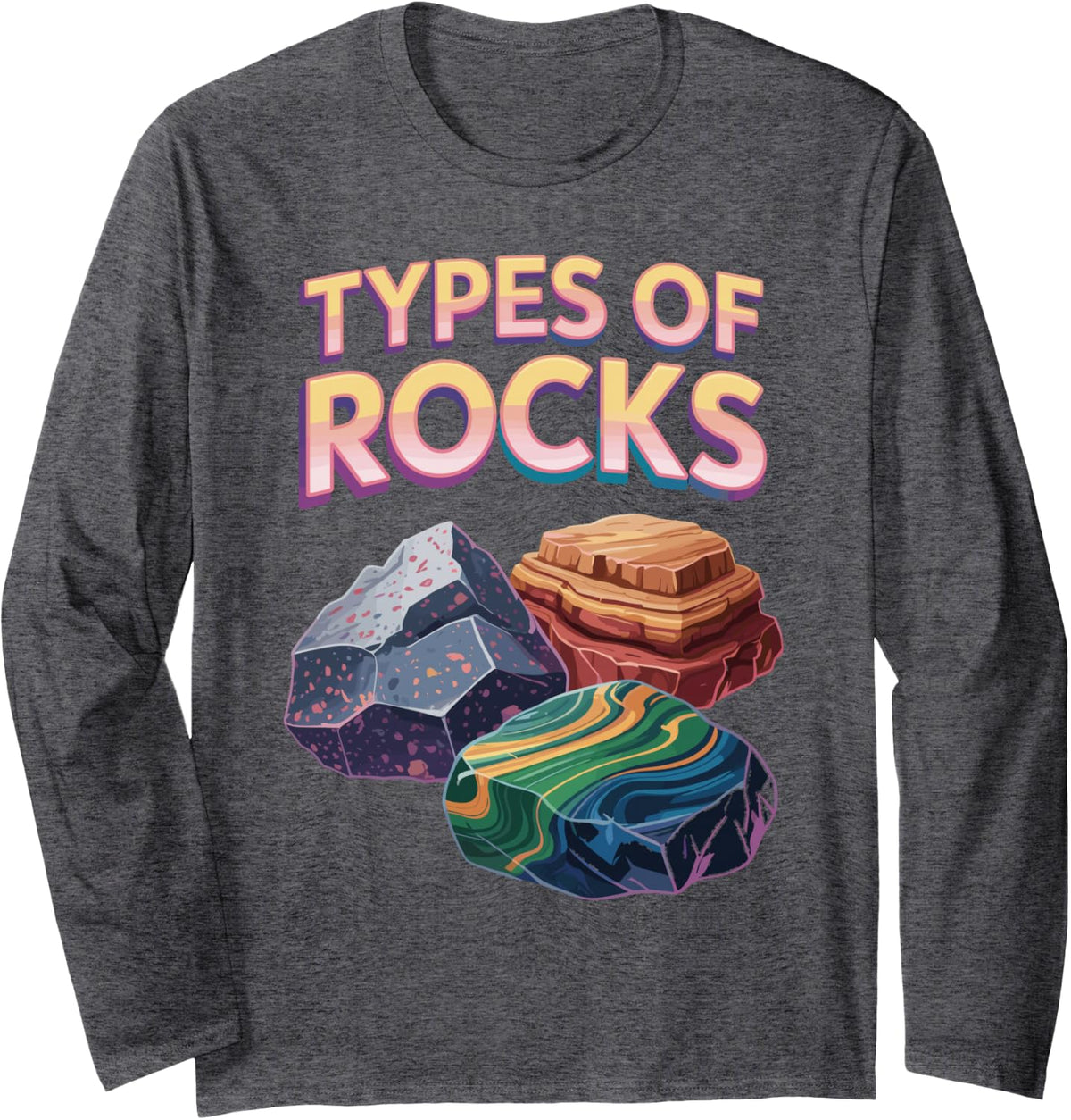 Rocks Minerals and Gems Chart Long Sleeve T-Shirt - Adult Unisex Dark Heather Grey