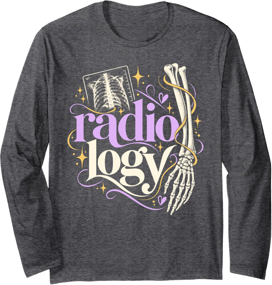 Radiology X-ray Skeleton Retro Radiologic Technologist Long Sleeve T-Shirt - Adult Unisex Dark Heather Grey
