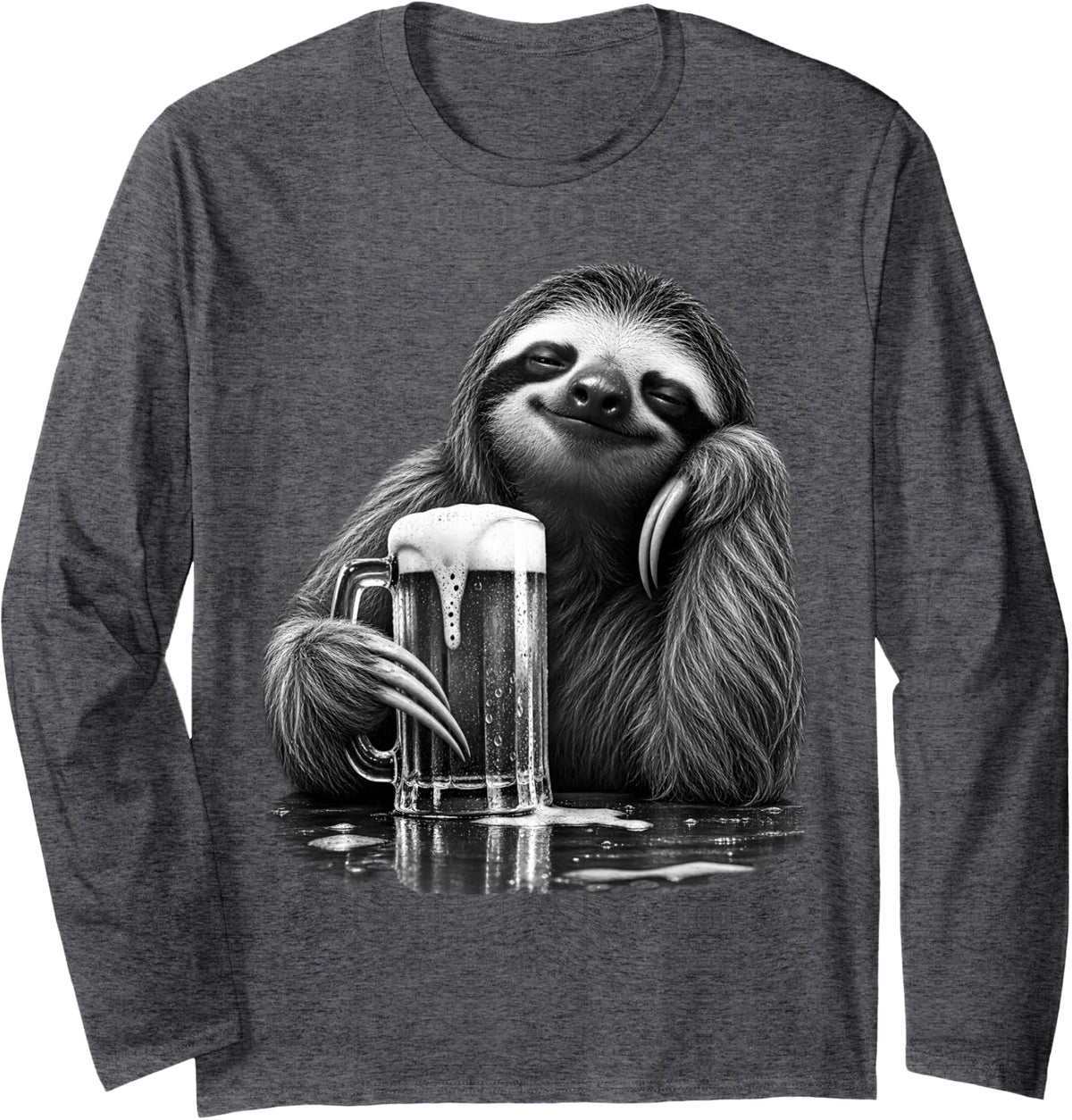 Funny Sloth Drinking Beer Chill Animal Humor Long Sleeve T-Shirt - Adult Unisex Dark Heather Grey