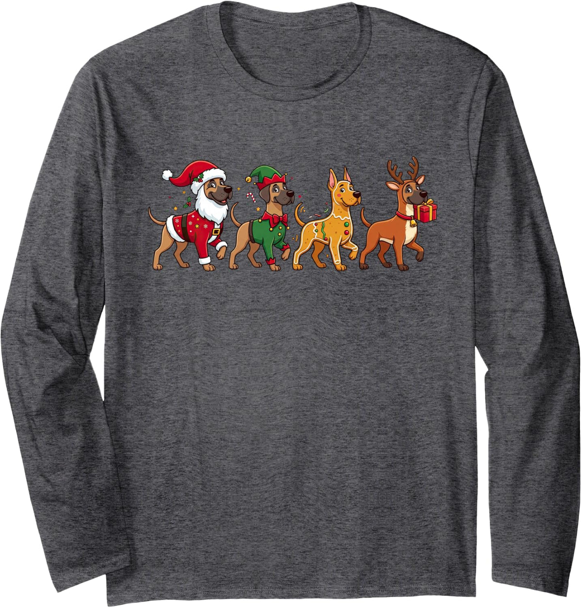 Funny Christmas Great Dane Santa Elf Gingerbread Womens Mens Long Sleeve T-Shirt - Adult Unisex Dark Heather Grey