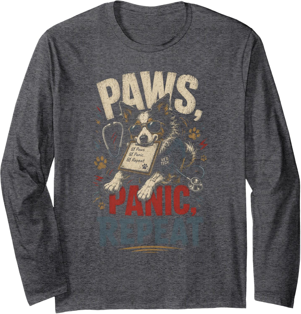Retro Vet Tech Paws Panic Repeat Funny Veterinary Assistant Long Sleeve T-Shirt - Adult Unisex Dark Heather Grey