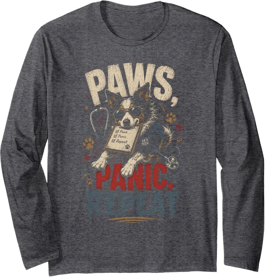 Retro Vet Tech Paws Panic Repeat Funny Veterinary Assistant Long Sleeve T-Shirt - Adult Unisex Dark Heather Grey
