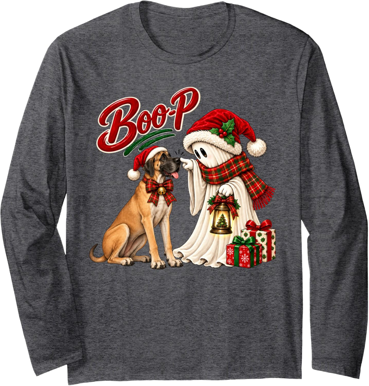 Great Dane Boo Boo-p Ghost Nose Boop Christmas Dog Lover Long Sleeve T-Shirt - Adult Unisex Dark Heather Grey
