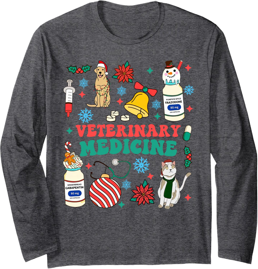 Christmas Veterinary Medicine Vet Tech Technician Week Xmas Long Sleeve T-Shirt - Adult Unisex Dark Heather Grey