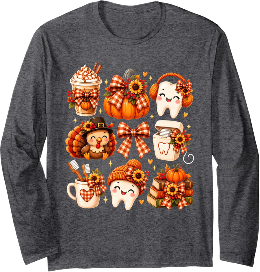 Dental Hygienist Assistant Dentist Tooth Pumpkin Bow Leaves Long Sleeve T-Shirt - Adult Unisex Dark Heather Grey