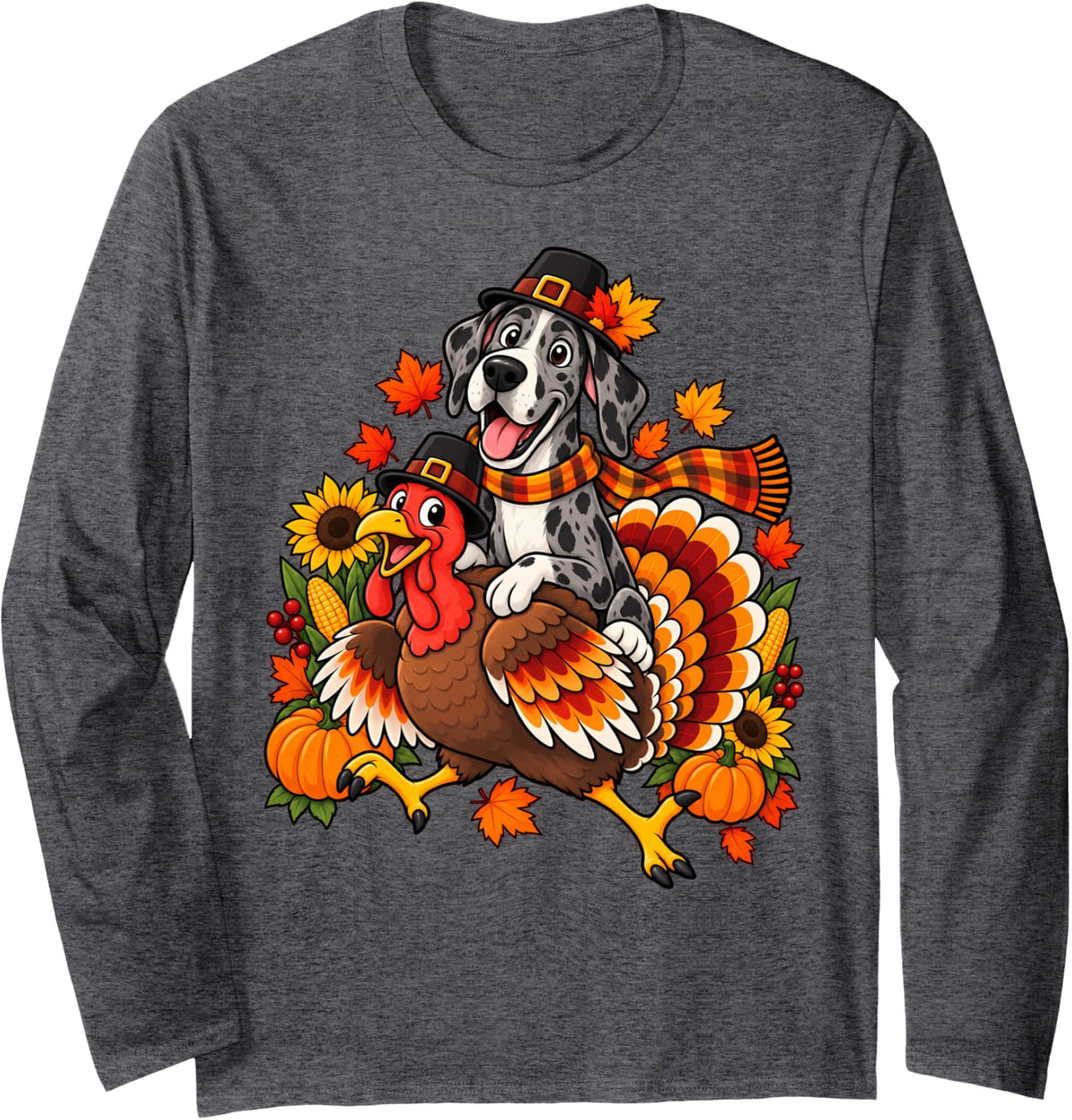 Cute Pilgrim Great Dane Dog Riding Turkey Thanksgiving Long Sleeve T-Shirt - Adult Unisex Dark Heather Grey