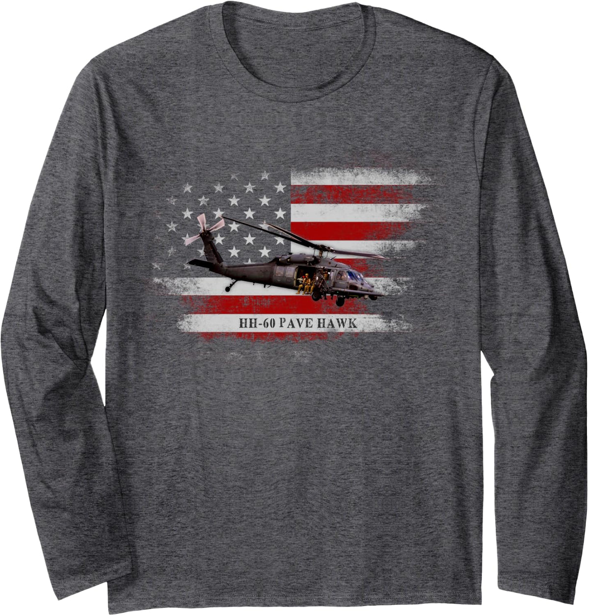 HH-60 Pave Hawk Helicopter USA Flag Helicopter Pilot Gifts Long Sleeve T-Shirt - Adult Unisex Dark Heather Grey