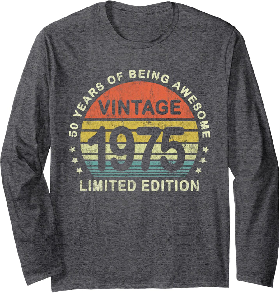 50th Birthday Gifts Vintage 1975 Limited Edition 50 Year Old Long Sleeve T-Shirt - Adult Unisex Dark Heather Grey