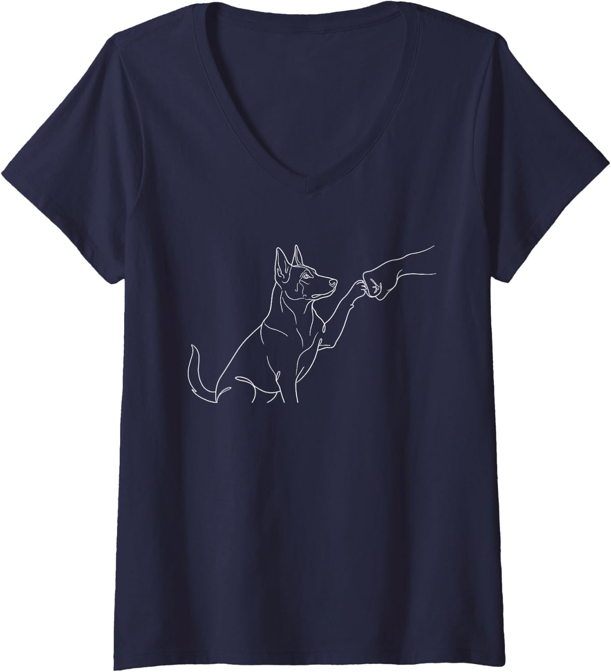 Women's Dog Paw Fist Bump Line Art Belgian Malinois Punch Hand Meme V-Neck T-Shirt - Navy Blue