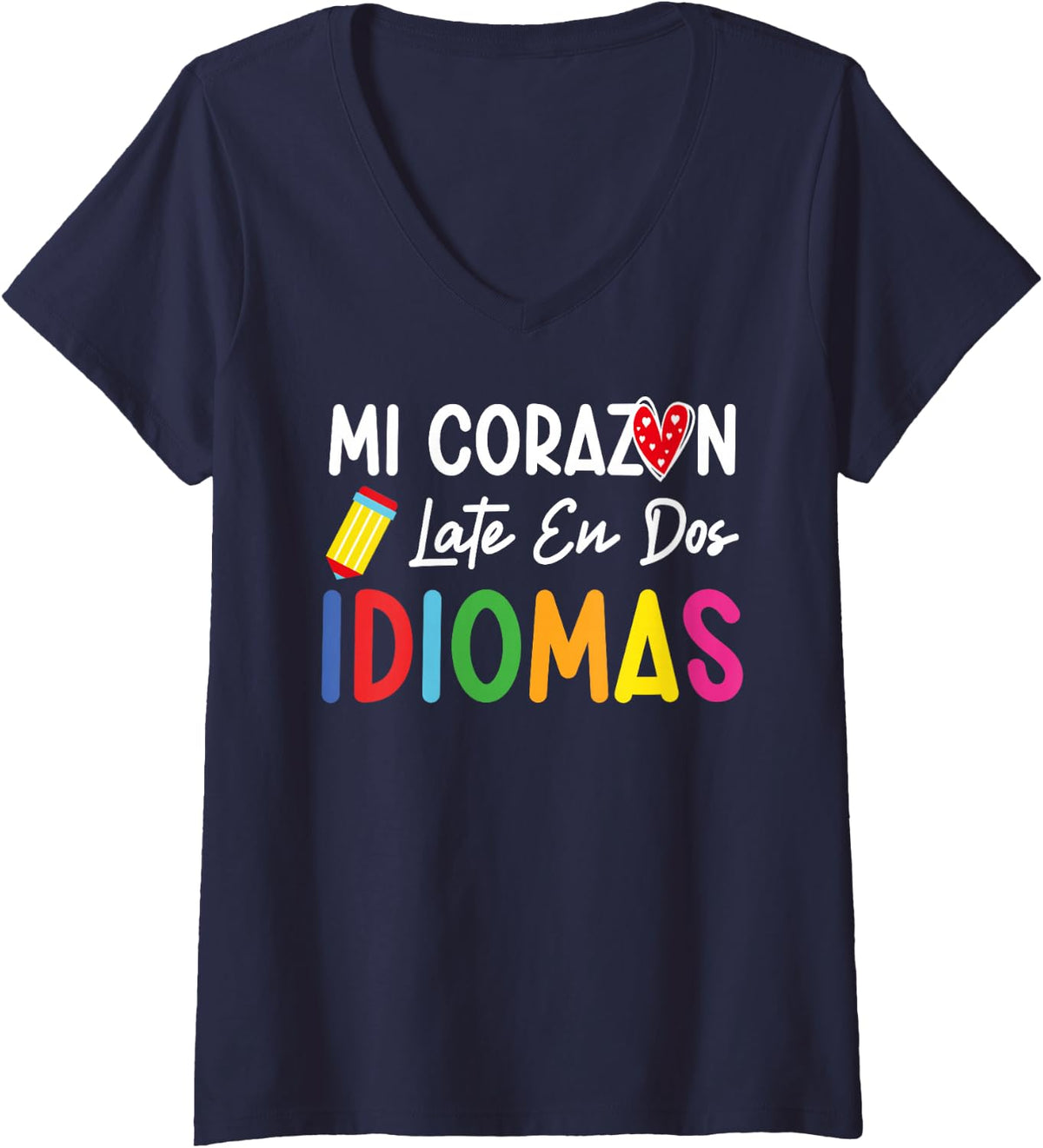 Womens Mi corazon late en dos idiomas bilingual Spanish Teacher V-Neck T-Shirt - Navy Blue