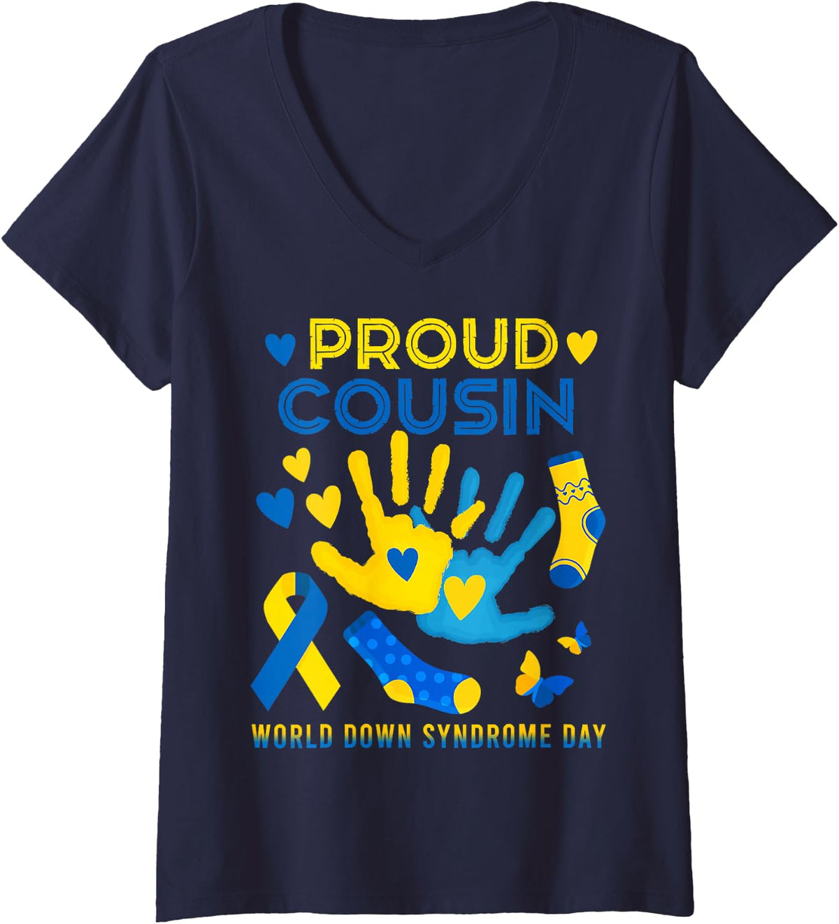 Women's Proud Cousin T21 World Down Syndrome Awareness Day Ribbon T V-Neck T-Shirt - Navy Blue