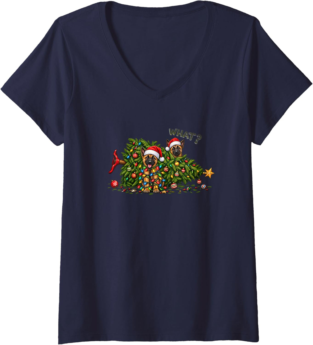 Women's Belgian Malinois Christmas Tree Santa Hats Funny Holiday V-Neck T-Shirt - Navy Blue
