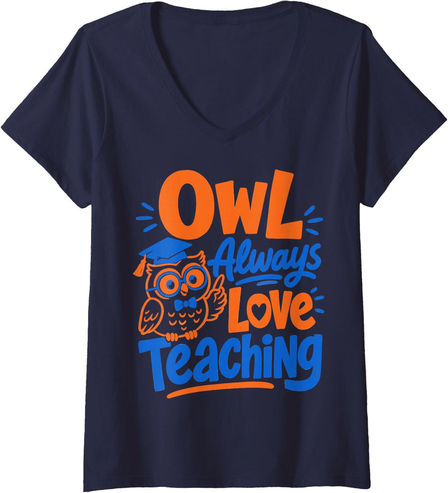 Women's Teacher Owl Lover V-Neck T-Shirt - Navy Blue