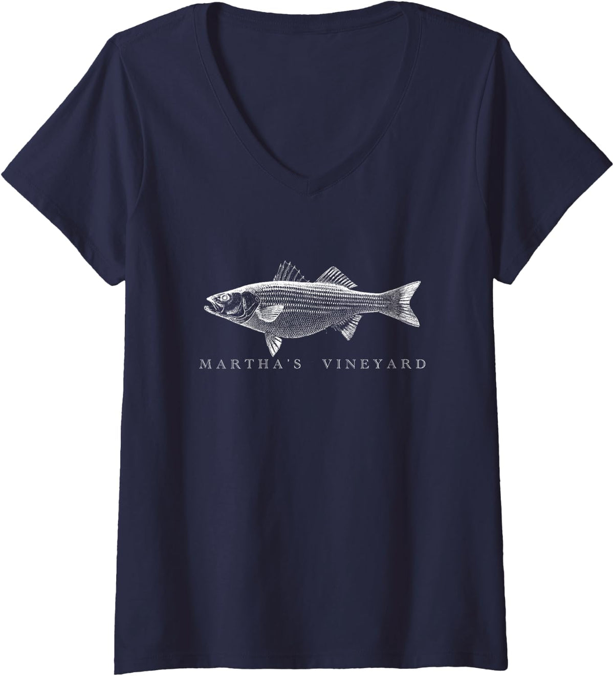 Women's Martha's Vineyard Striper Fishing - Striped Bass or Rockfish V-Neck T-Shirt - Navy Blue