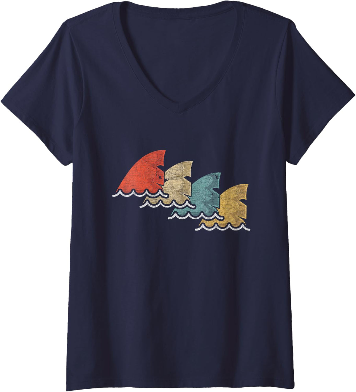 Women's Shark Fin Retro Style 80s Shark Clothes Shark Party V-Neck T-Shirt - Navy Blue