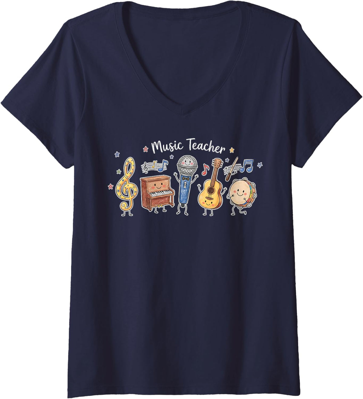 Women's Cute Music Teacher Musical Instruments Back to School Choir V-Neck T-Shirt - Navy Blue