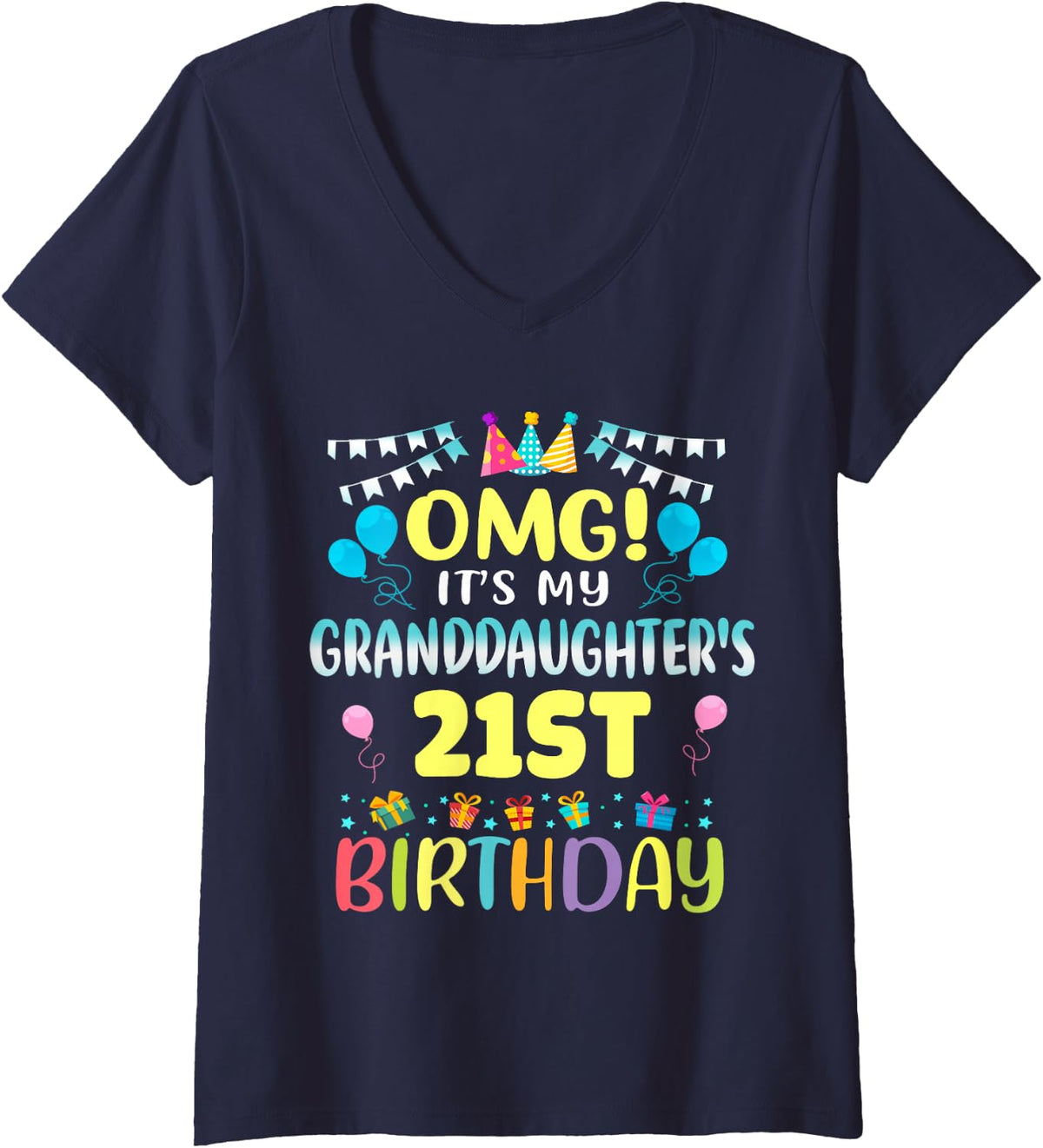 Women's OMG It's My Granddaughter's 21st Birthday Sweet 21 Years Old V-Neck T-Shirt - Navy Blue