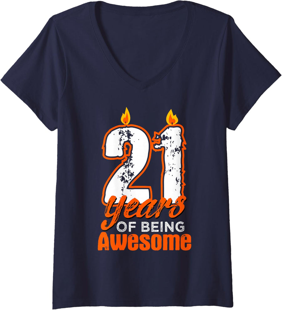 Women's Candle 21 Birthday Party Wishes Cake Decoration Candlelight V-Neck T-Shirt - Navy Blue