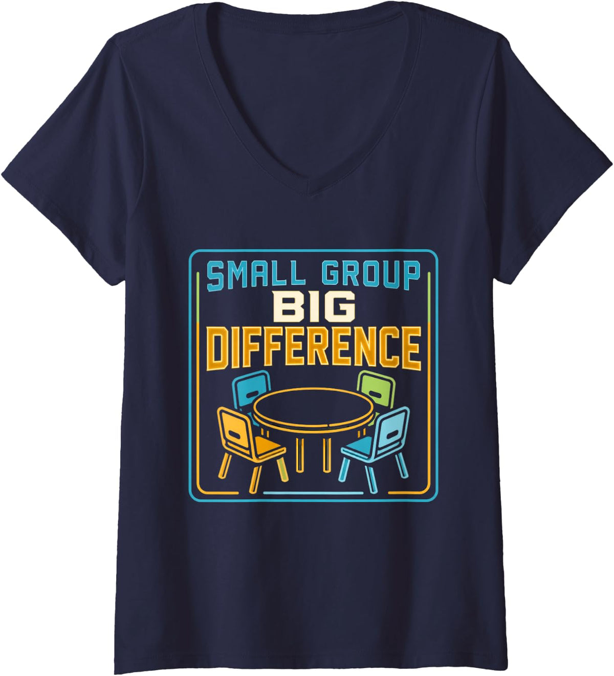Women's Small Group Big Difference Reading Teacher Literacy V-Neck T-Shirt - Navy Blue
