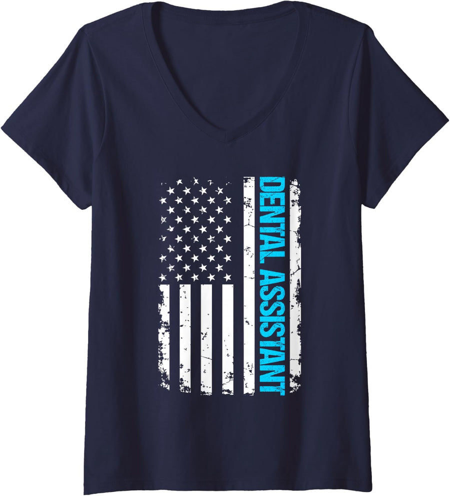 Women's Dental Assistant USA Flag V-Neck T-Shirt - Navy Blue