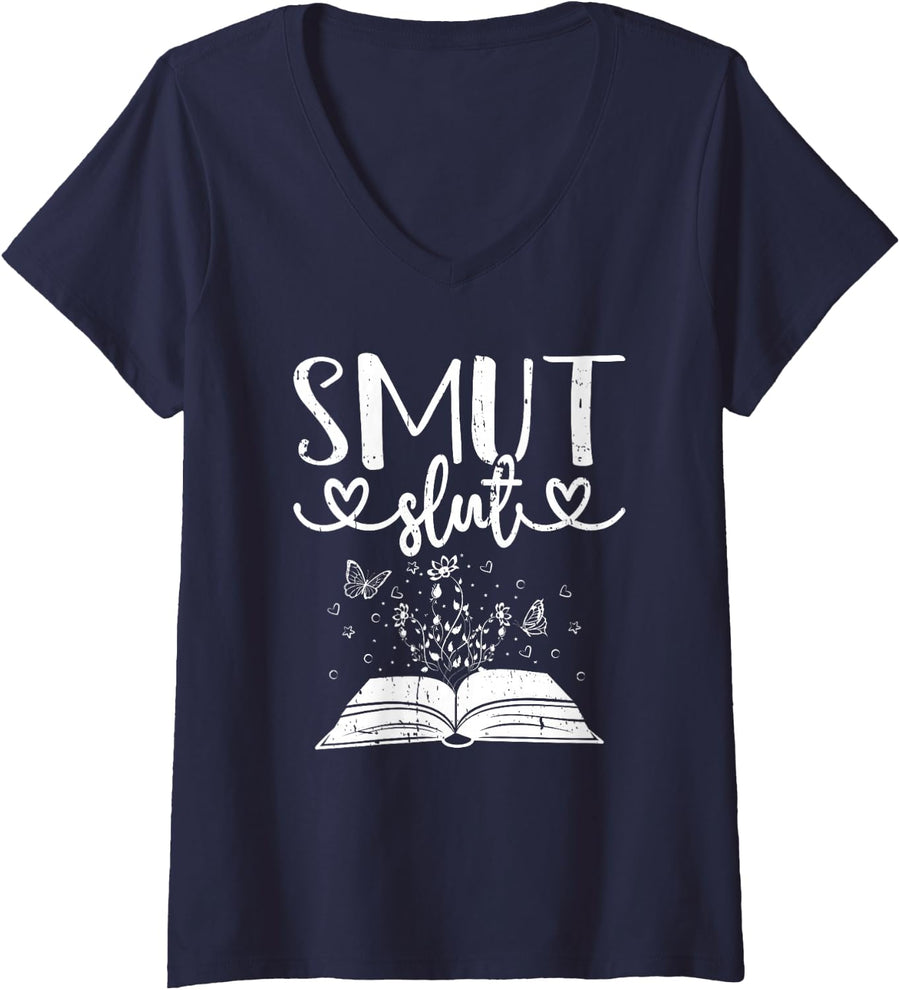 Womens Smut Slut Funny Romance Book Lover Reading Reader V-Neck T-Shirt - Navy Blue
