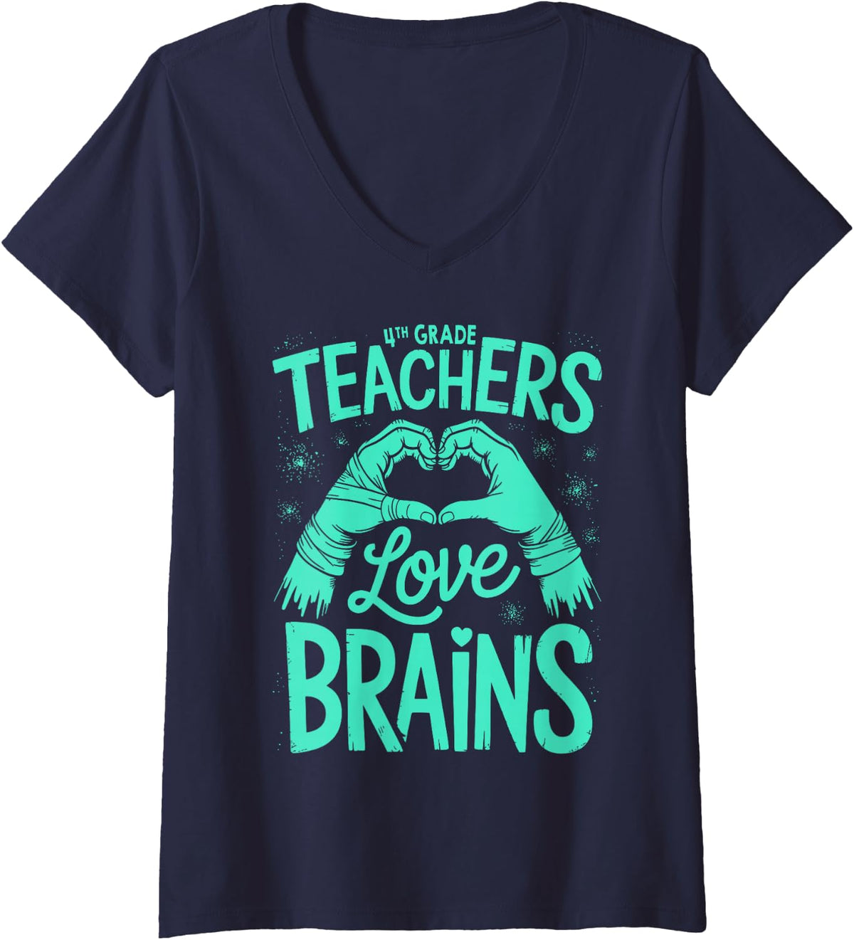 Women's 4th Grade Teachers Love Brains Shirt Women Funny Teachers V-Neck T-Shirt - Navy Blue