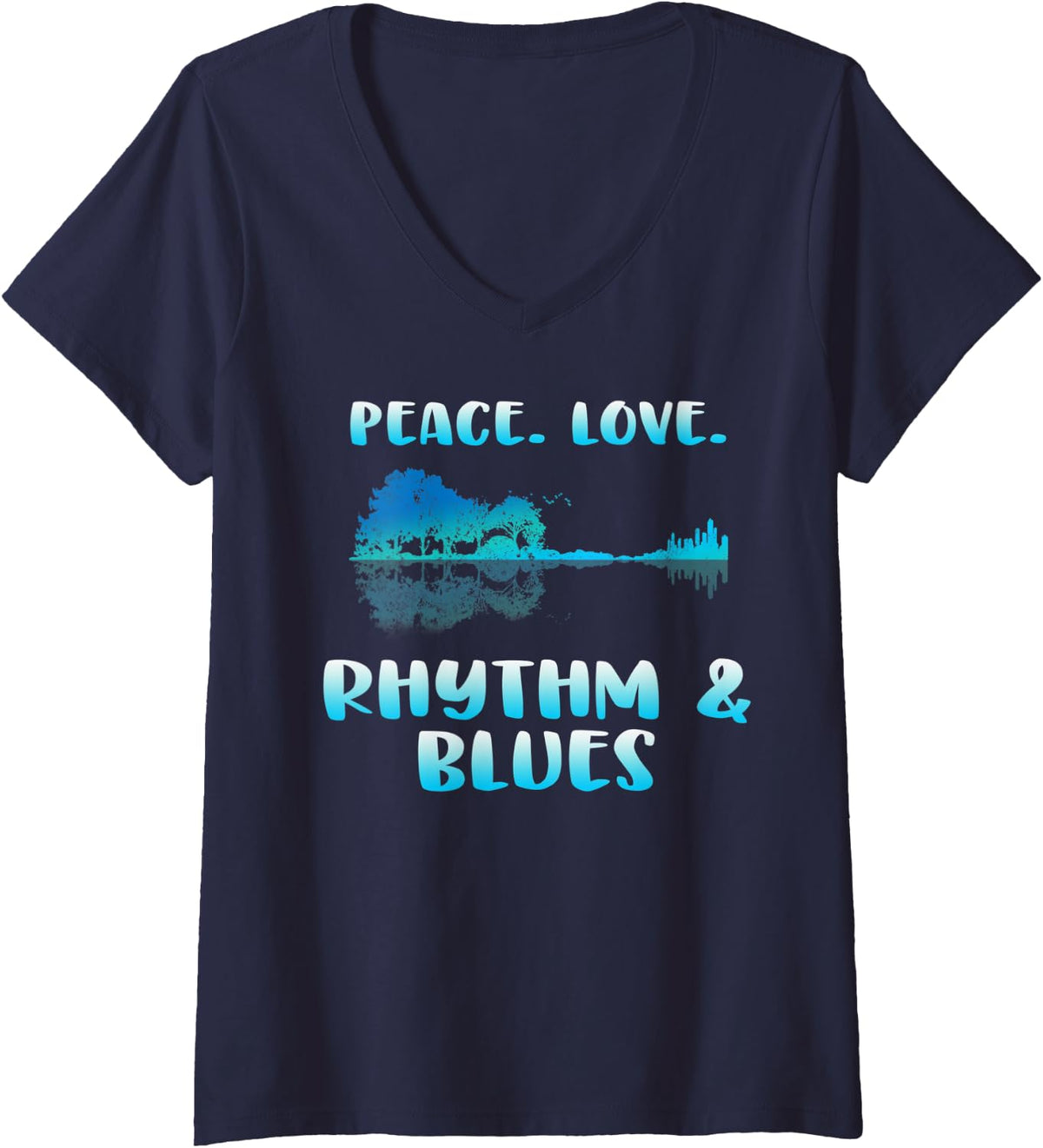 Womens Peace Love Rhythm & Blues Music Gift Guitar Shadow Lake 70s V-Neck T-Shirt - Navy Blue