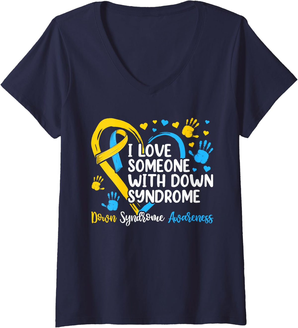 Women's I Love Someone with Down Syndrome Shirts, Mom Heart Ribbon V-Neck T-Shirt - Navy Blue
