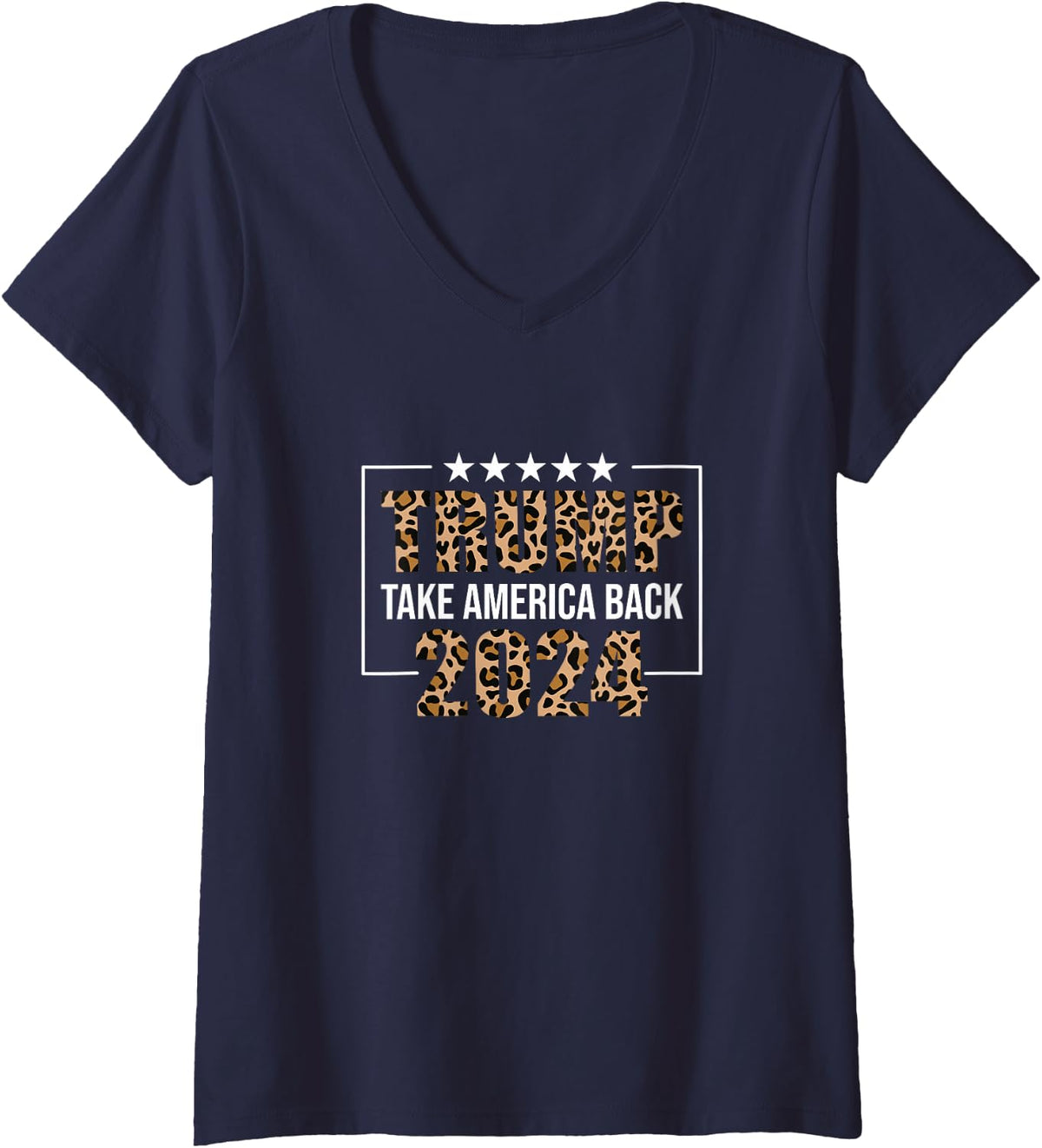 Women's Vintage Cheetah Pattern Trump 2024 Take America Back V-Neck T-Shirt - Navy Blue