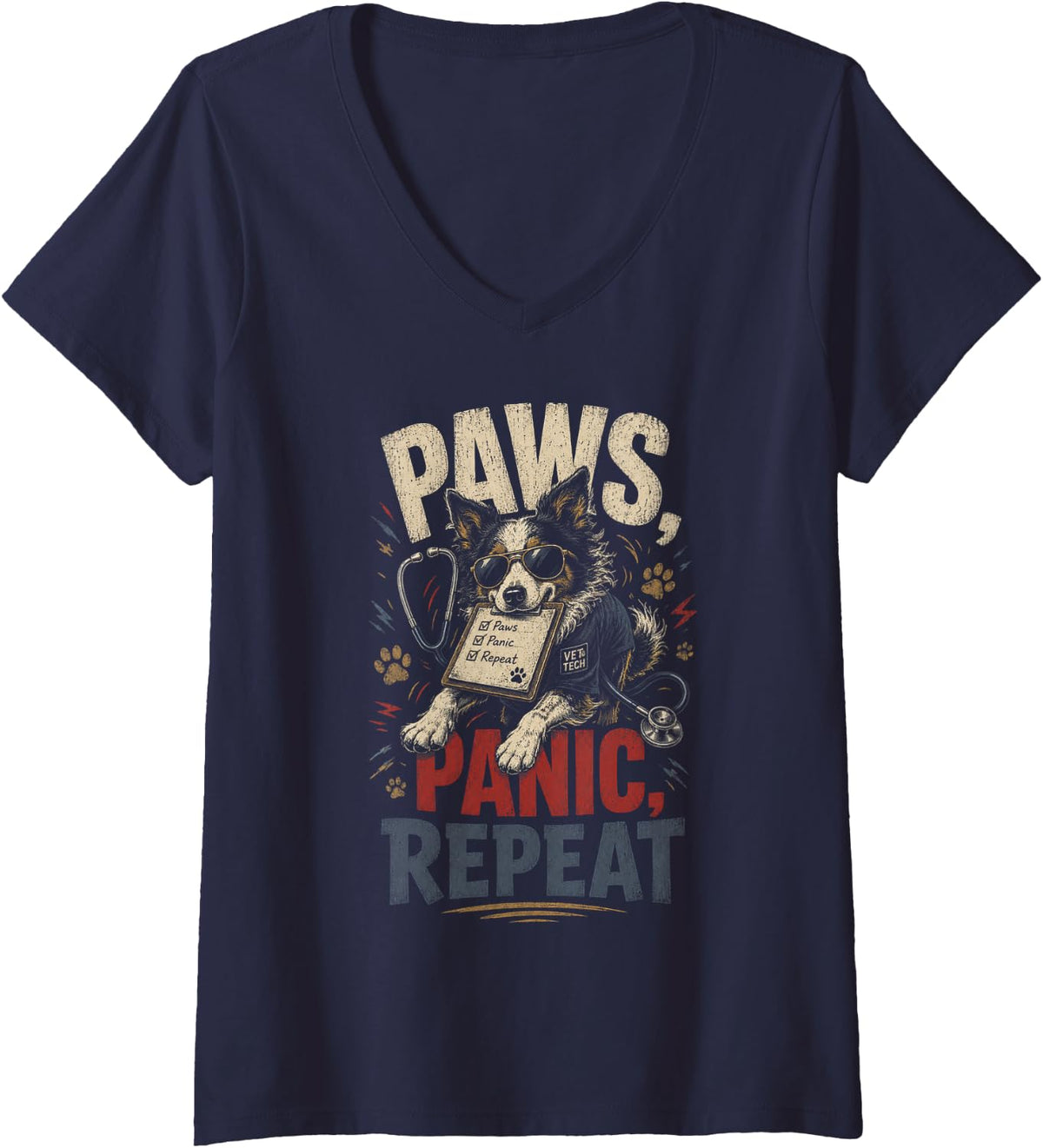 Women's Retro Vet Tech Paws Panic Repeat Funny Veterinary Assistant V-Neck T-Shirt - Navy Blue