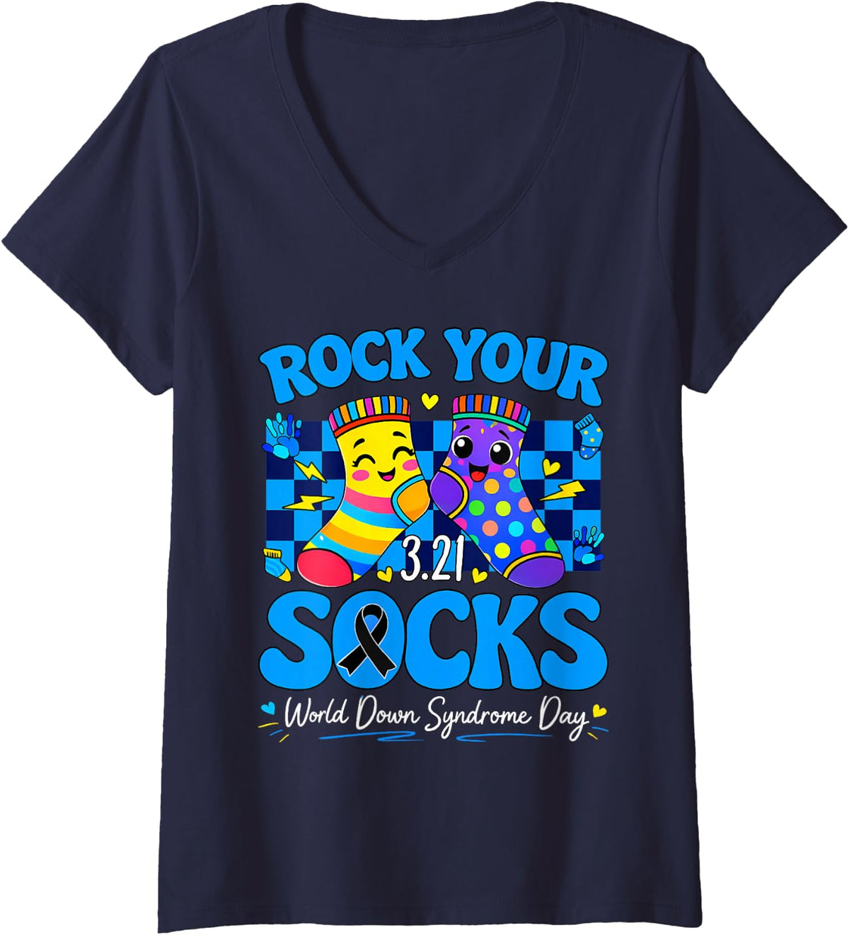 Women's World Down Syndrome Day Rock Your Socks 321 Men Women Kid V-Neck T-Shirt - Navy Blue