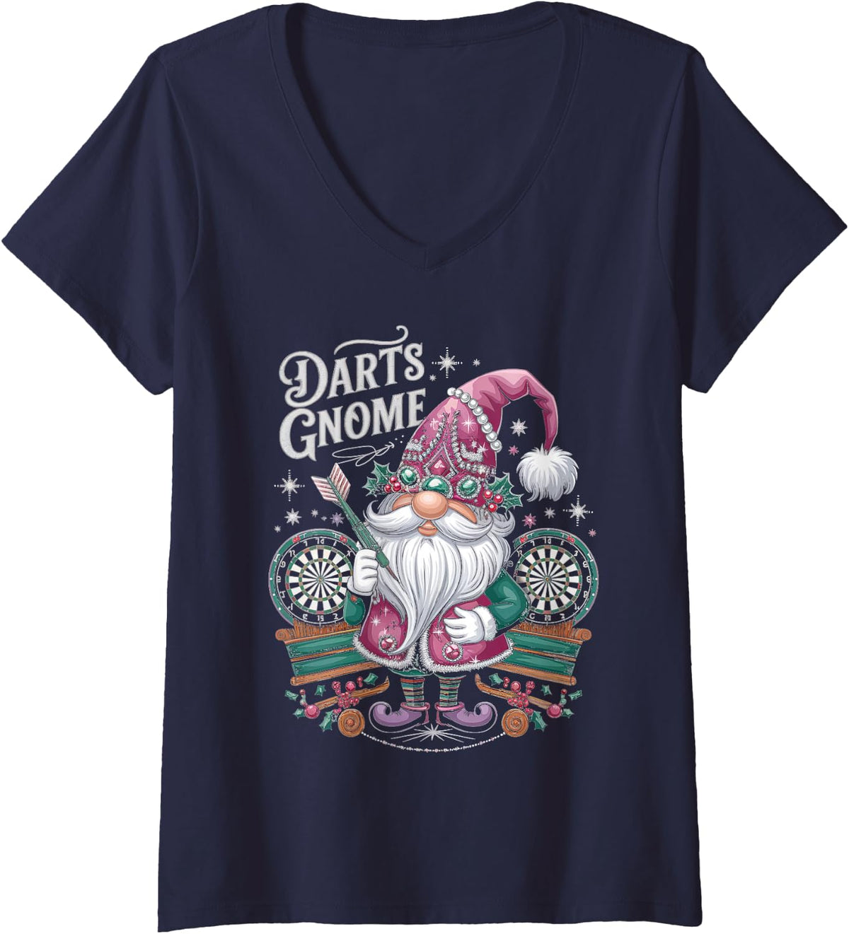 Women's Christmas Darts Gnome Santa Holiday Fun V-Neck T-Shirt - Navy Blue