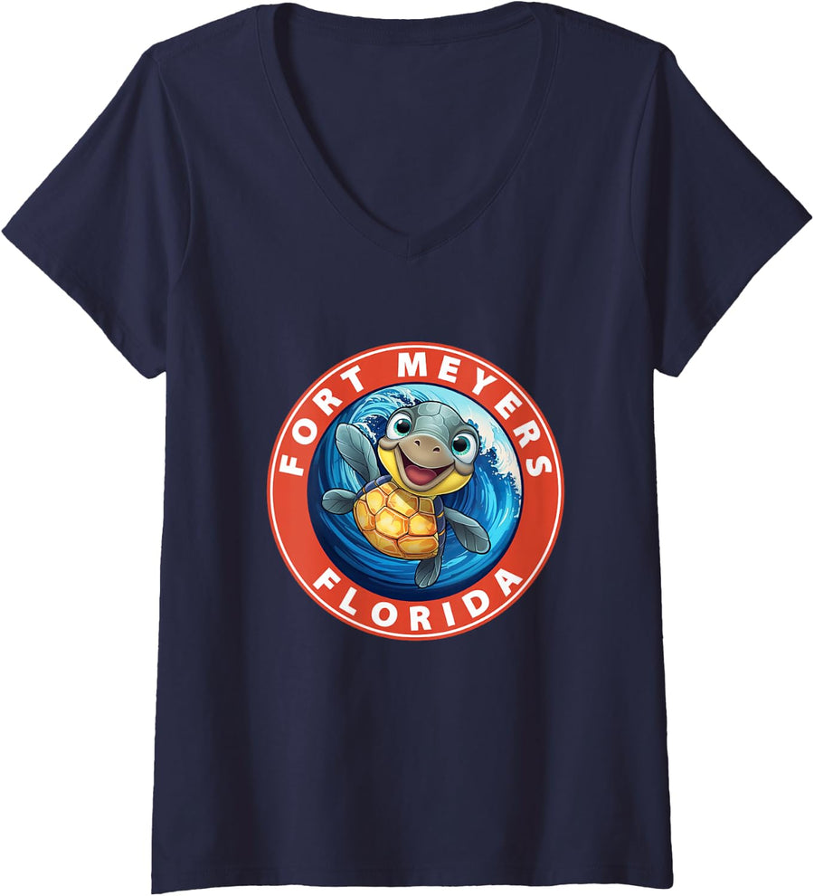 Women's Fort Myers Florida Cute Sea Turtle Ocean Vibes V-Neck T-Shirt - Navy Blue