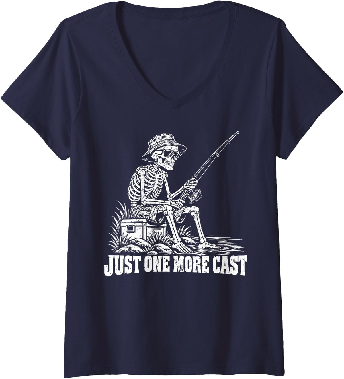 Women's Just One More Cast Skeleton Fishing Fisherman Angler Outdoor V-Neck T-Shirt - Navy Blue