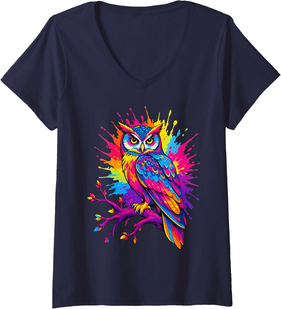 Women's Owl Lover Artwork Owls V-Neck T-Shirt - Navy Blue