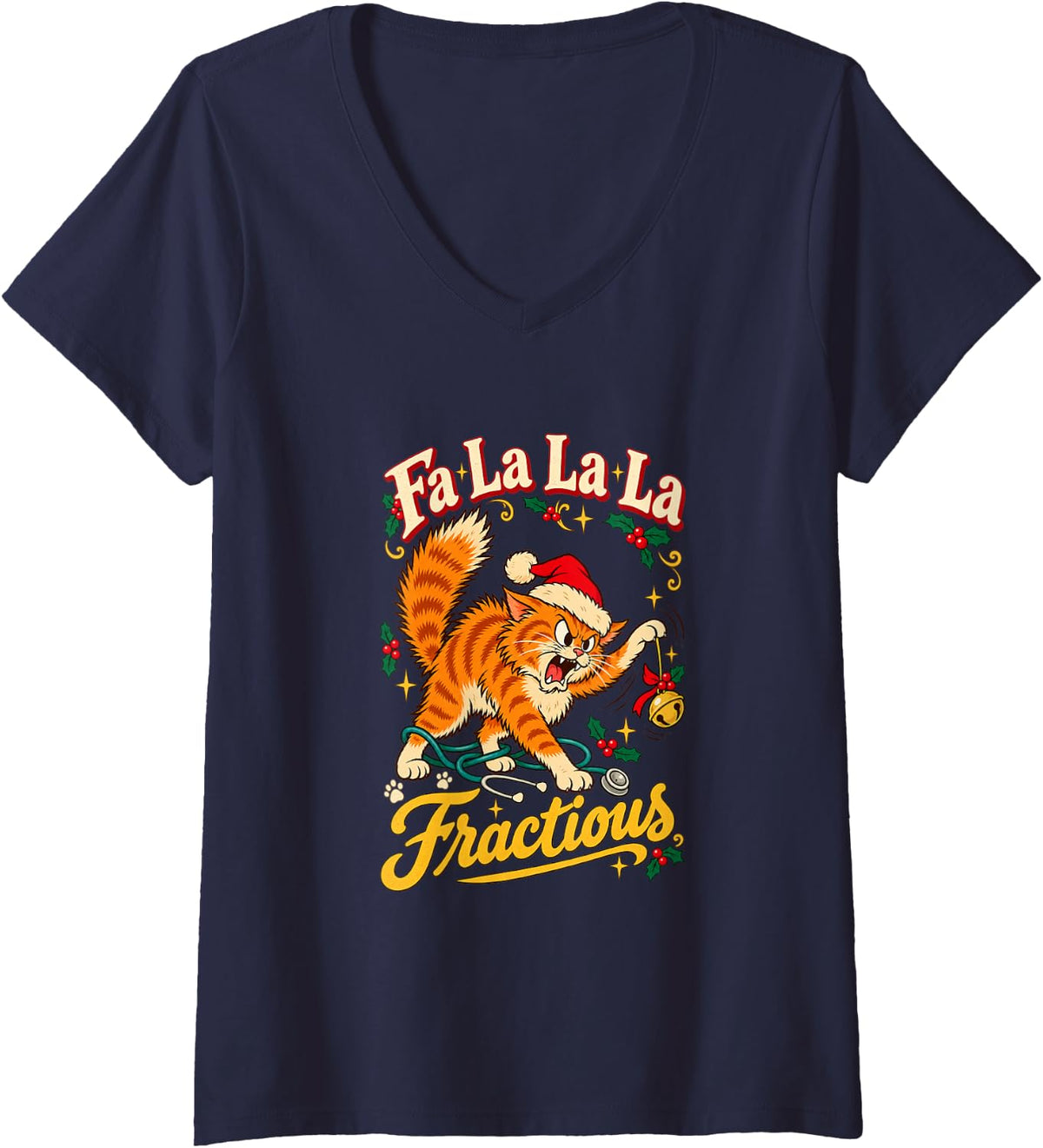 Women's FA La La La Fractious Funny Vet Tech Christmas Veterinary V-Neck T-Shirt - Navy Blue