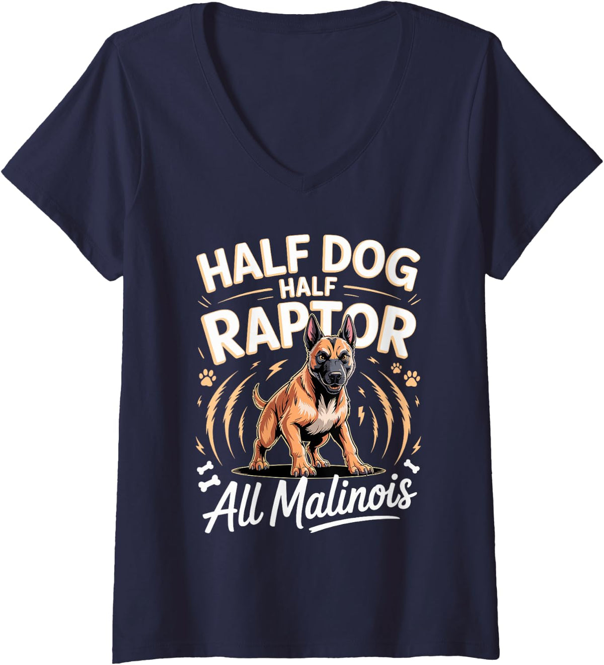 Women's Half Dog Half Raptor All Malinois V-Neck T-Shirt - Navy Blue